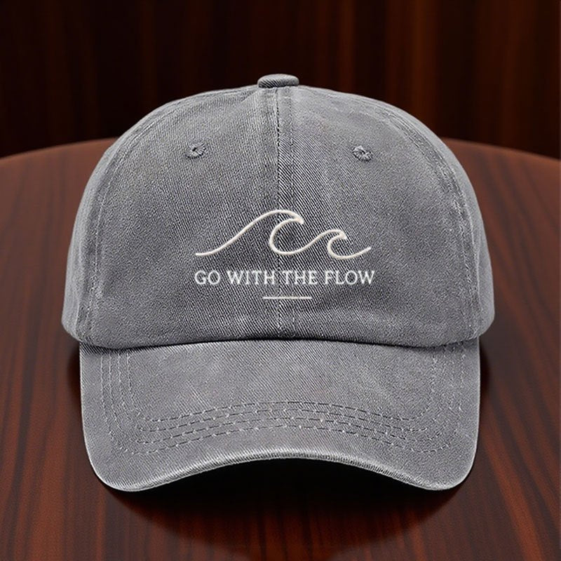 Vintage Washed Distressed Baseball Cap, with "GO WITH THE FLOW" Print, Unisex Dad Hat, Retro Casual Street Style Sun Hat, Suitable for Men, Women, And Teenagers, an Ideal Daily/Outdoor Gift