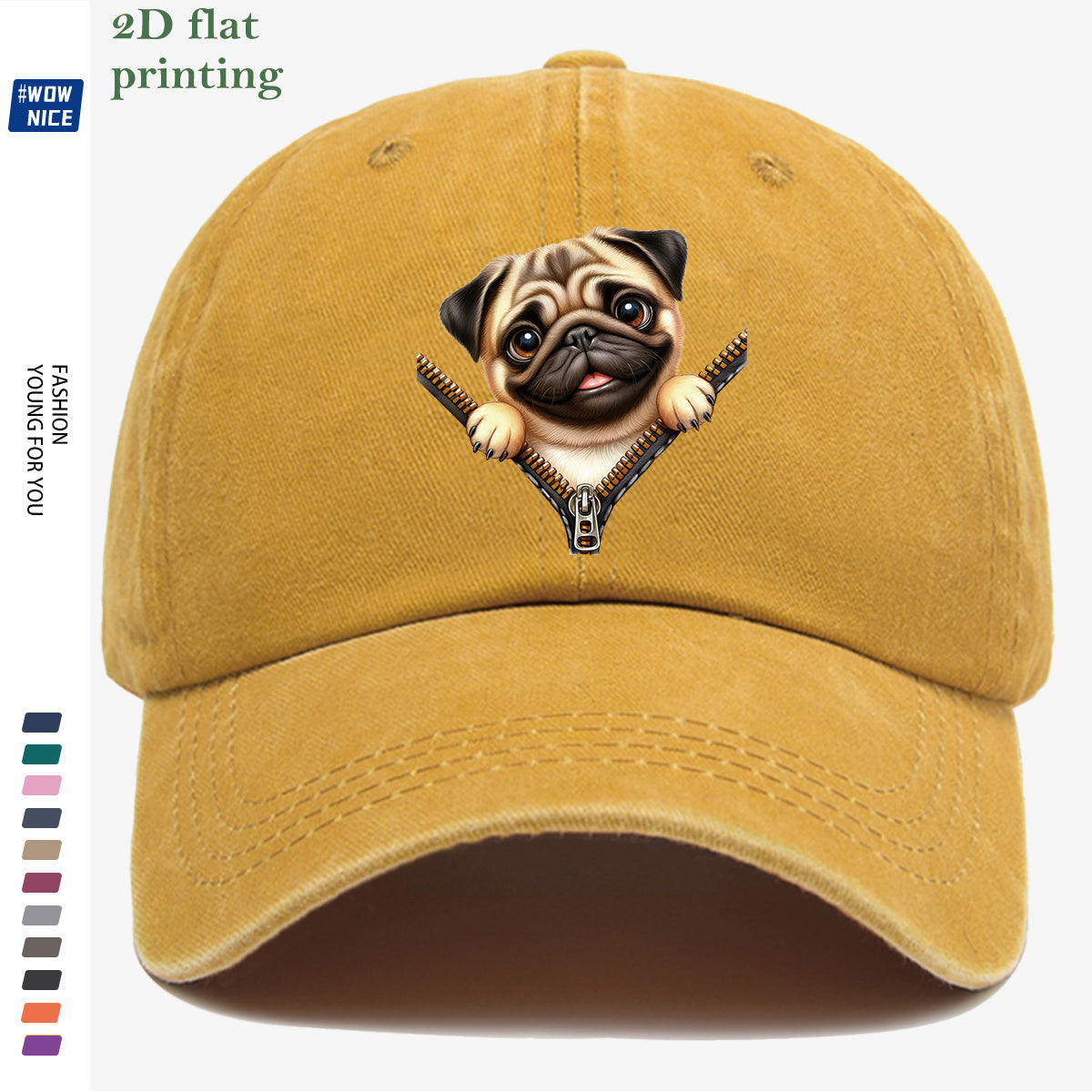 1pc Pug Zipper Print Baseball Cap, Cute Animal Pattern Headwear, Fashionable and Versatile Hat Accessory, Unisex Street Style Hat with Adjustable Size, Slimming and Face-Shaping, Suitable for Daily Outings, Parties, Dates, Shopping, Outings