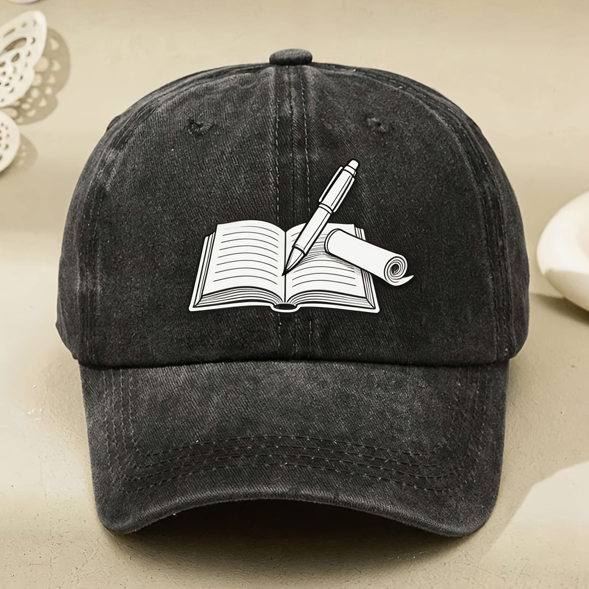 Vintage Open Book Pen Cap with Book & Pen Design - Unisex Writer Style Hat, Machine Washable Closure, Suitable for Casual Streetwear, Book Lovers Gift, Writers Accessory, Retro Writing
