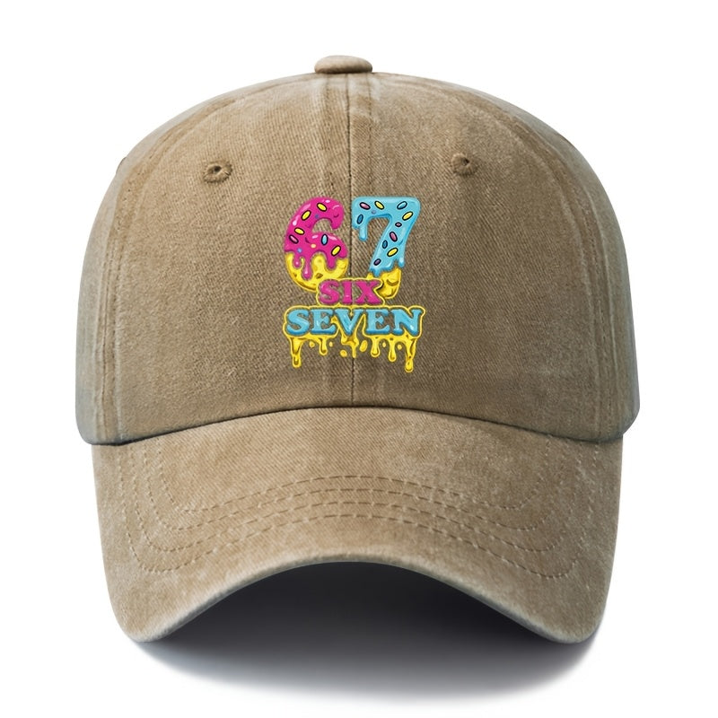 Unisex, Fashionable And Versatile Printed Cream Donut 67 SIX SEVEN Baseball Cap, Classic Retro Washed Outdoor Lightweight Curved Brim Cap, Suitable for Outdoor Vacations, Travel, Camping, And Other Casual Occasions, Hip-Hop Cap for Holiday Parties
