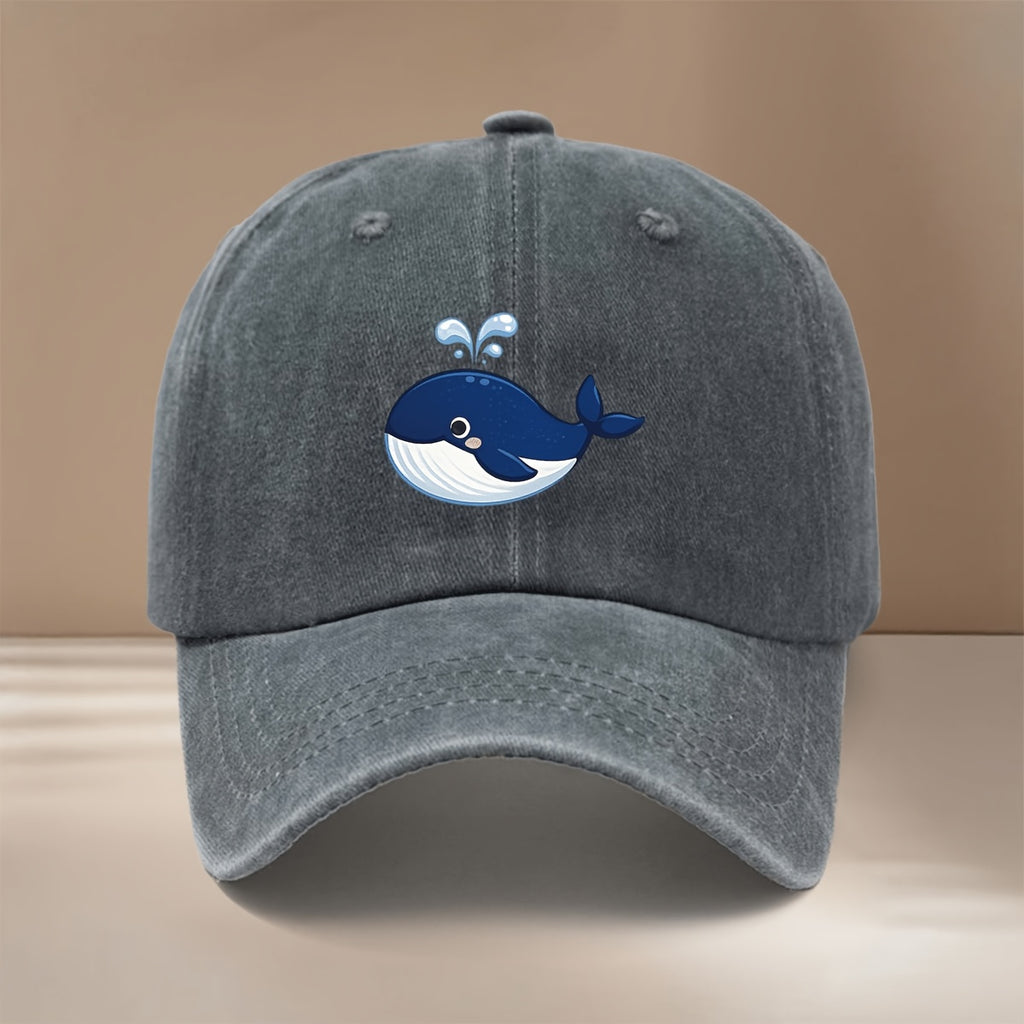 This Is a Baseball Cap with a Whale Spouting Water Graphic Print. It Is a , Lightweight, and Adjustable Casual Hat Suitable for Both Men and Women. This Stylish and Trendy Snapback Cap Is Perfect for Outdoor Sports, Dinners, Camping, and Other