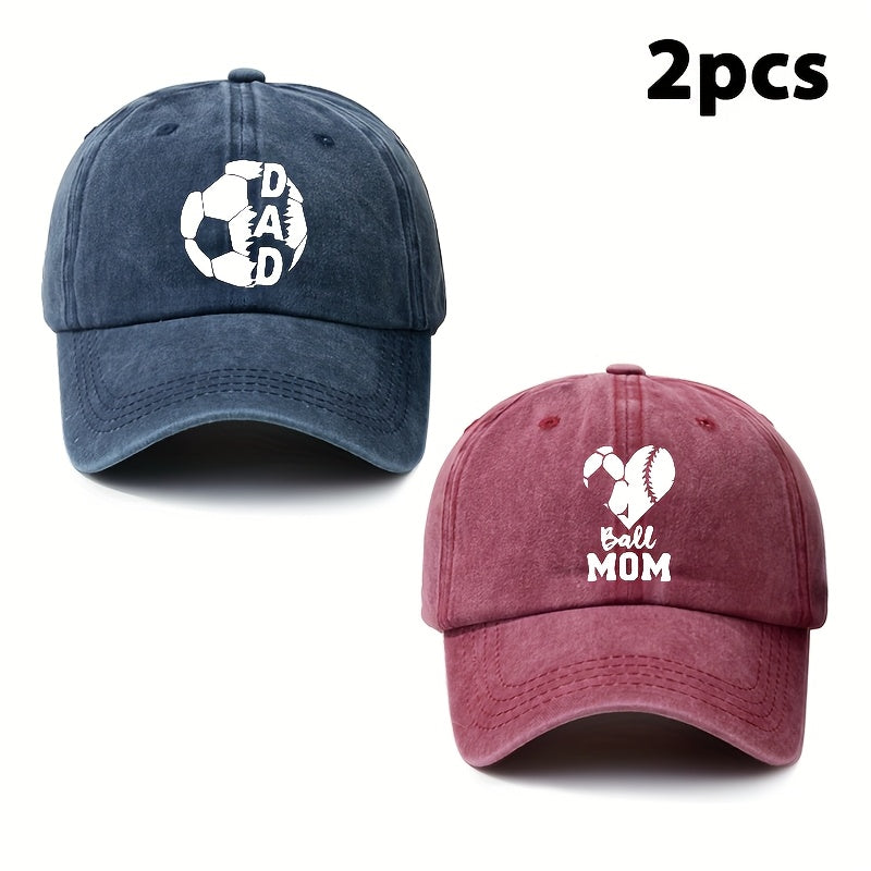 Parents' 2pcs Printed Football Heart-shaped Letter Vintage Soft-top Baseball Cap, Adjustable Style, Suitable for Daily Wear in All Seasons, an Essential Fashion Hat for Outdoor Sports, Fishing, and Camping