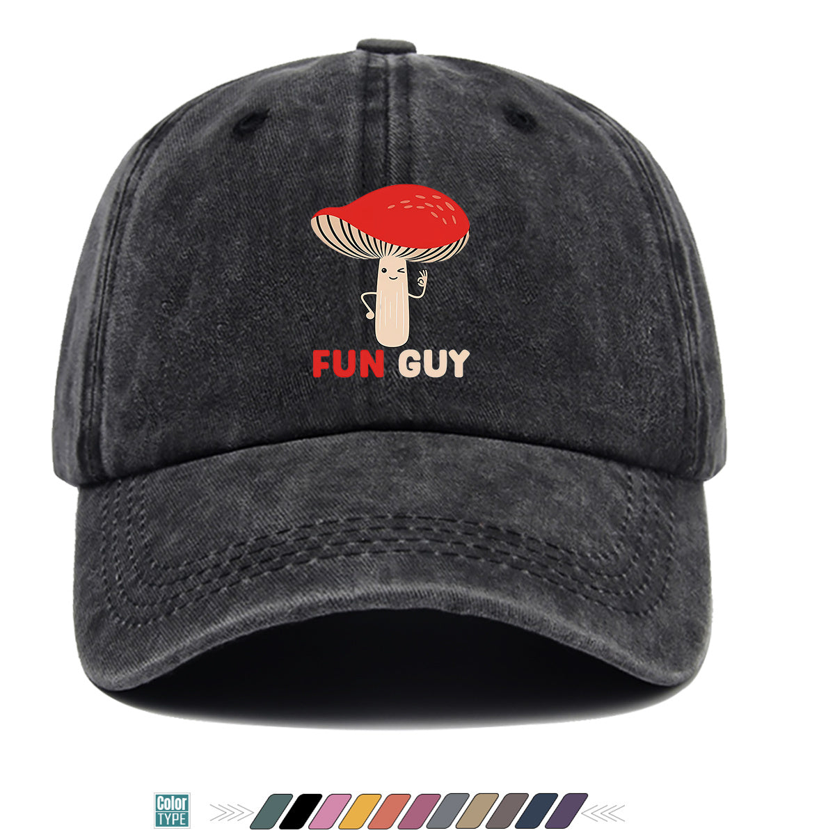 1pc FUN GUY Mushroom Print Baseball Cap with Winking V-Sign & Mushroom - Adjustable Unisex Hat Suitable for Outdoor, Parties, Travel, Picnic, Camping - Breathable Sun Hat for Men & Women, Creative Gift for Daily Wear and Birthdays
