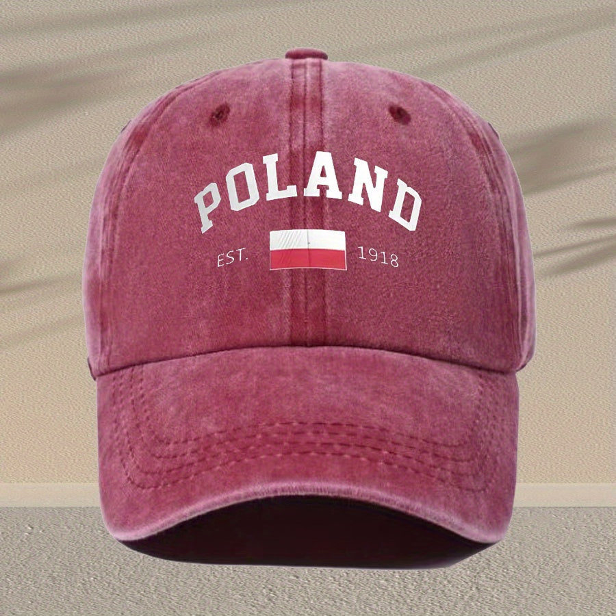 Unisex Vintage Washed Baseball Cap - Adjustable Breathable Trucker Hat with "Poland" Lettering Distressed Style, Lightweight Casual Dad Hat for Outdoor Activities, Black, Non-Stretch Fabric
