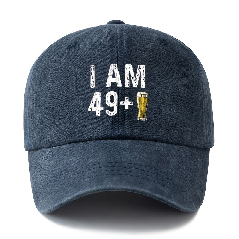 Unisex Fashion Versatile Printed I AM 49+ Beer Baseball Cap, Classic Retro Washed Outdoor Lightweight Curved Cap, Trucker Hat, Suitable for Outdoor Vacation Travel Camping And Other Casual Occasions, Holiday Party Hip-Hop Hat