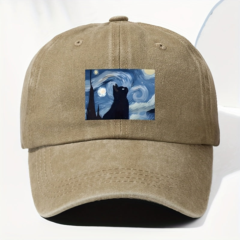 Unisex Cat Animal Print Washed Vintage Baseball Cap, Fashionable Sun Outdoor Hat for Men and Women, Adjustable Fit Trucker Hat Suitable for All Seasons and Daily Wear