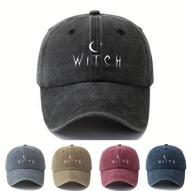 Fabric.Makefge Unisex Witch Baseball Cap Suitable for Halloween, Vintage Washed Curved Brim Hat with Moon & Star Design, Lightweight Durable Outdoor Cap for Women & Men, for Camping, Casual Wear, Witch Themed