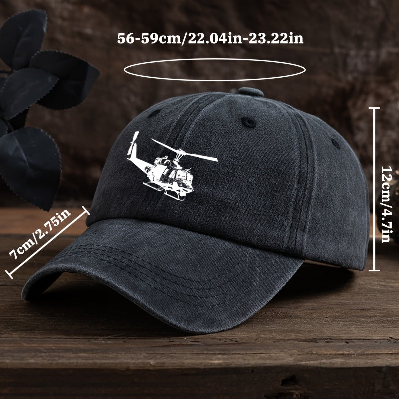 Vintage Helicopter Print Duckbill Cap - Distressed Washed Baseball Hat with Curved Brim, Soft Suitable for Outdoor Sports,, Camping, Streetwear & Hip-Hop Style - Retro Rock for Running and Mountaineering