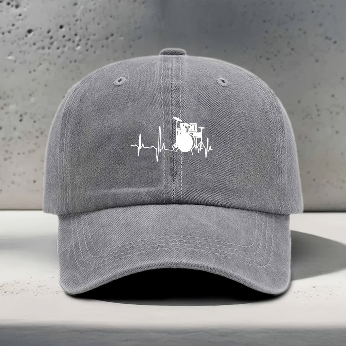 Men's & Women's Baseball Cap with Music-Themed Drum Print & Heartbeat Line - Adjustable Snapback Curved Brim Hat Suitable for Music Festivals, Outdoor Sports, Daily Wear - Washed Unisex Drummer Cap for Concerts and Casual Outfits