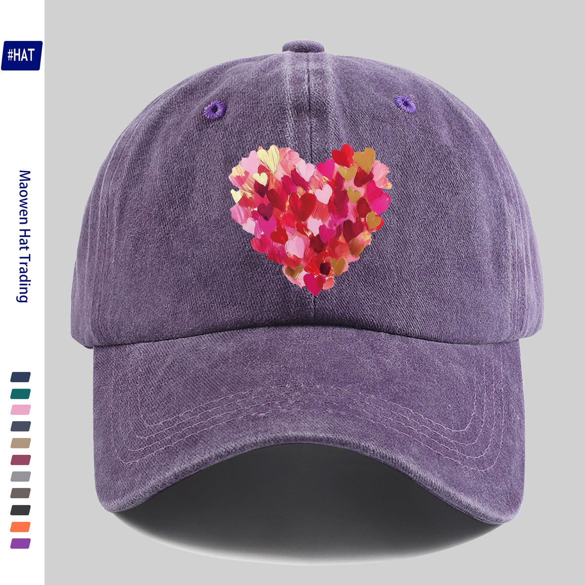 Heavy-Duty Washed Vintage Trucker Cap, Thick Oil-Painting Style Heart Print, Adjustable Snapback Closure, Suitable for Sports, Unisex Outdoor Cap, Ideal for All-Season Travel, Durable Headwear