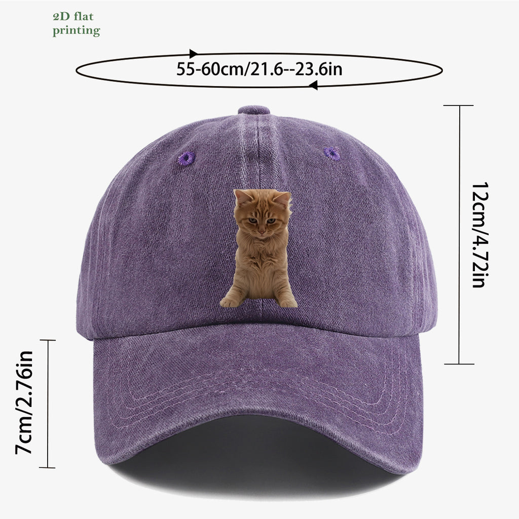 1pc Orange Tabby Cat Squatting Front Print Baseball Cap, with Round Eyes Slightly Squinted, Giving Off a "I'm Noble" Meme Vibe. A Must-have for Daily Outings, Café Visits, and Citywalks to Create a Stylish Look. The Cap Shape Helps Flatter and Slim