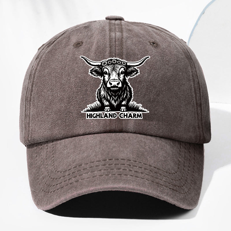 Unisex Small Cow HIGHLAND CHARM Animal Print Washed Vintage Baseball Cap Fashion Men Women Sun Hat Adjustable Size Trucker Hat Suitable for All Seasons Daily Wear
