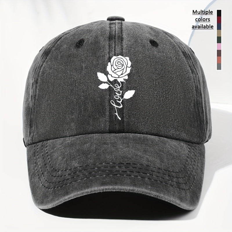 Unisex Rose Love Print Washed Vintage Baseball Cap Fashion Men Women Sunshade Outdoor Hat Adjustable Hat Trucker Cap Suitable for All Seasons Daily Wear