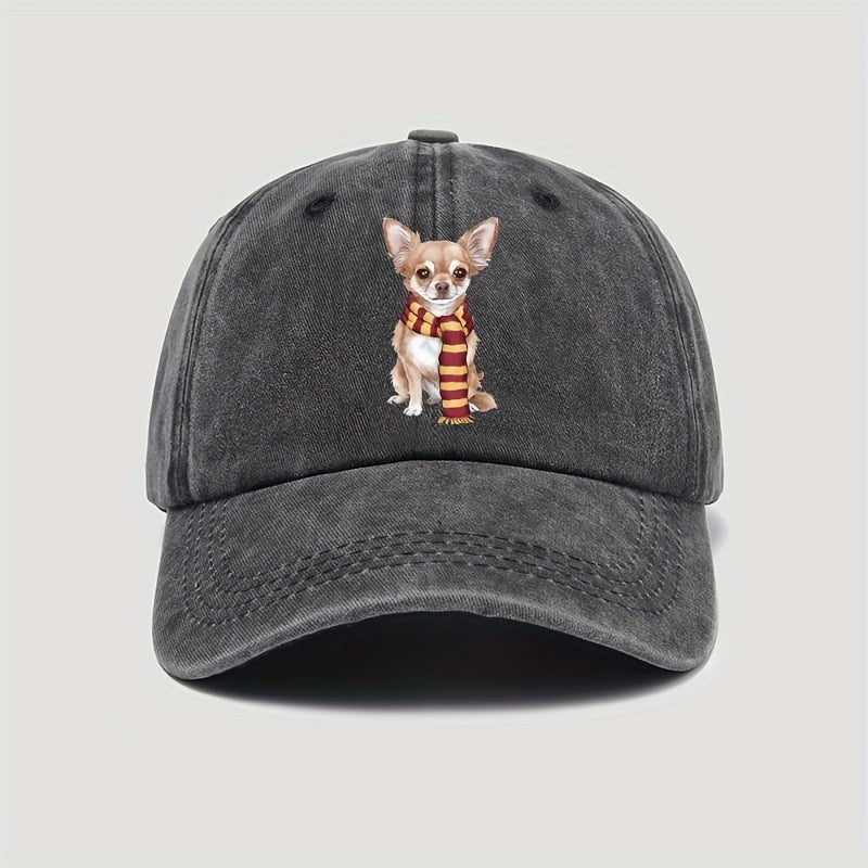 Cute Chihuahua & Scarf Print Vintage Washed Baseball Cap - Adjustable Snapback, Lightweight All-Season Outdoor Casual Hat, for New Year Celebrations, Accessory, Soft Texture, Seasonal Accessory, Playful Design, Hand Washable, Fashion Accessory