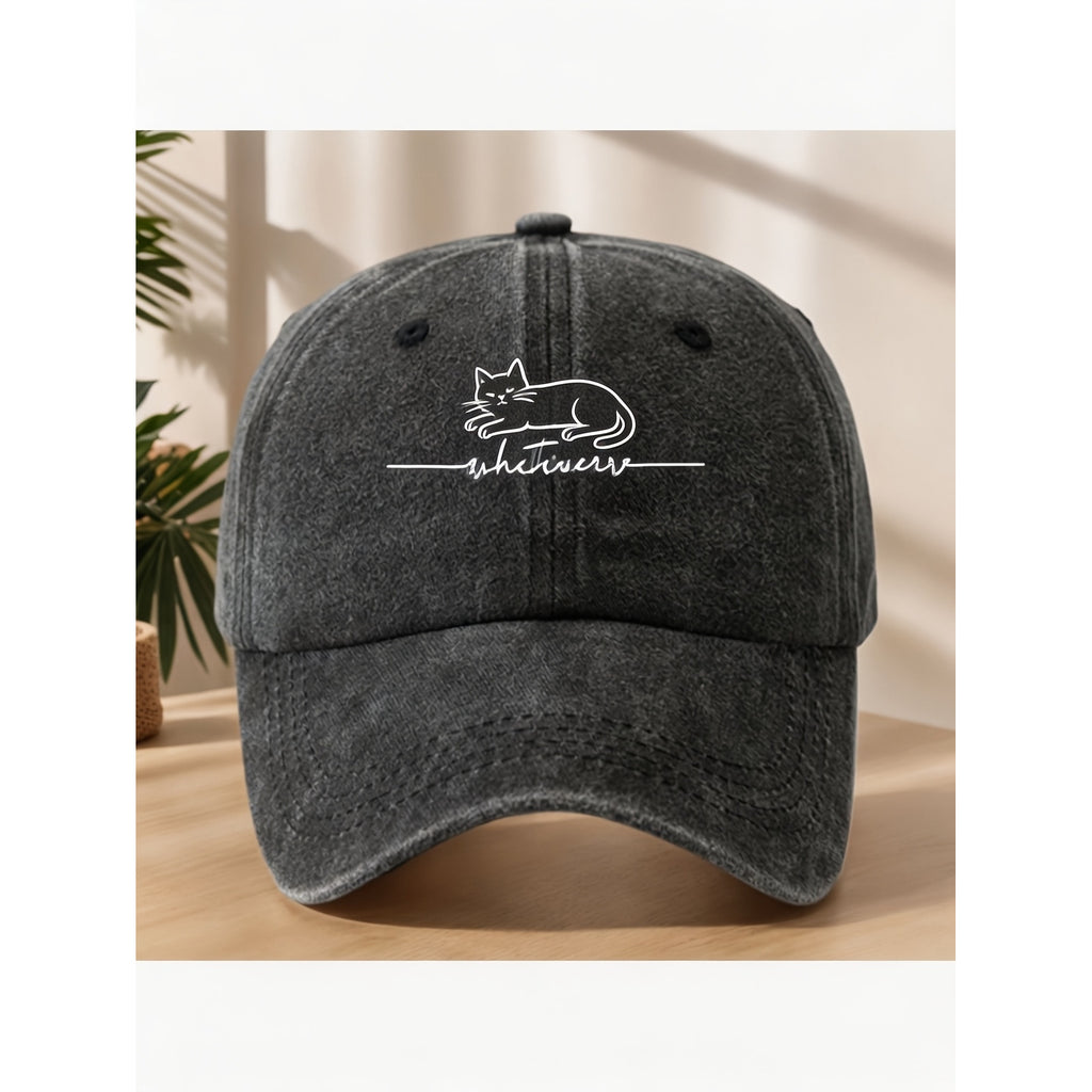 Vintage Baseball Cap with Cat Embroidery & "Whatever" Text - Adjustable Pull String Closure, Machine Washable Suitable for Women & Men, Casual Streetwear Gift for Themed Outfits, Cap for Casual Attire