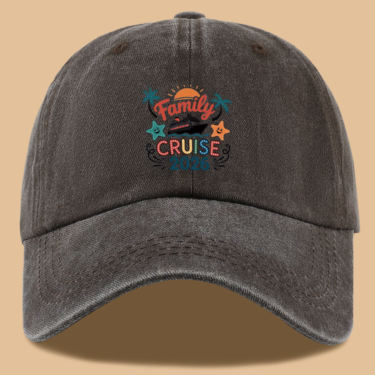 1pc "Family Mail Steamer 2025.98inch" Themed Printed Baseball Cap, Fun Cartoon Mail Steamer Ship, Stars, Palm Trees, Sunset Pattern, Fashionable Casual Sun Hat, Unisex, Adjustable Size, Dad's Fishing Hat, Mom's Vacation Hat, Suitable for Family