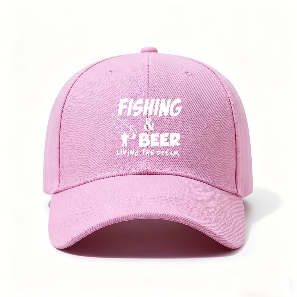 A Baseball Cap with "Fishing And Beer, Live The Dream" Print And Fishing Rod Design, Adjustable And Lightweight for Angler Lifestyle. Hobby-Themed Gift for Fishermen, Hand-Washable Outdoor Accessory