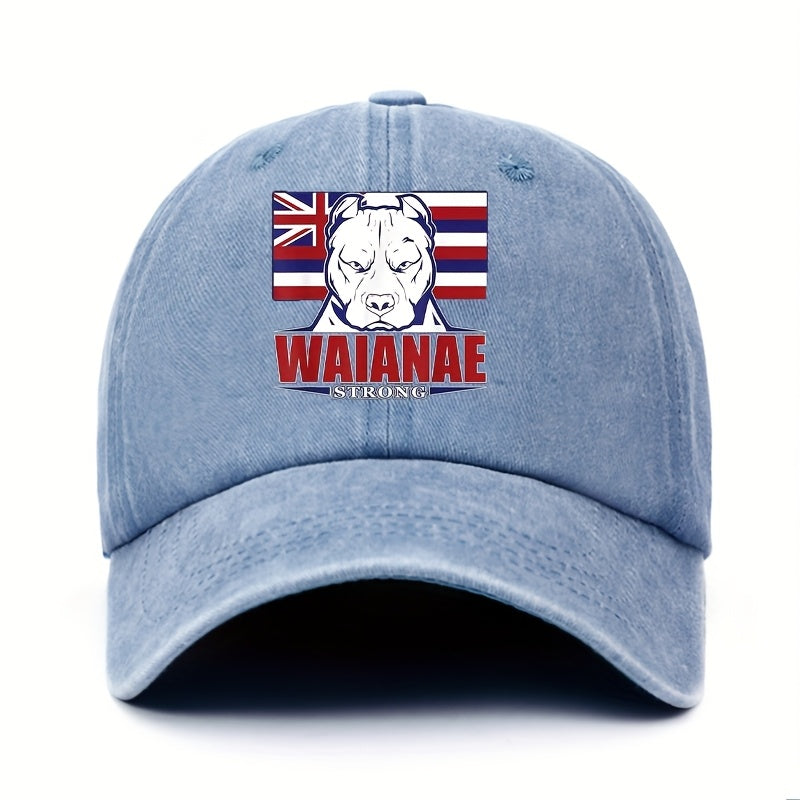 WAIANAE Men'S Hawaiian Flag & Dog Graphic Baseball Cap - Adjustable Lightweight Retro Streetwear Hat for Outdoor Sports, Patriotic Hip Hop Style, Soft Fabric, Thanksgiving/Father'S Day Gift