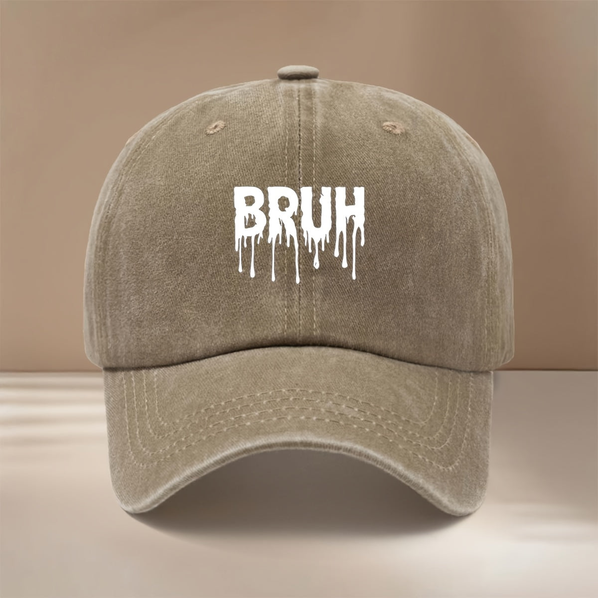 White "BRUH" Text Graphic Baseball Cap with Adjustable Size, Textured Hip-hop Style, Unisex Snapback Hat for Friends' Gatherings and Camping. Comfortable and Lightweight with a Curved Brim, This , Cool Six-panel Cap Features a Relaxed and Casual Fit.