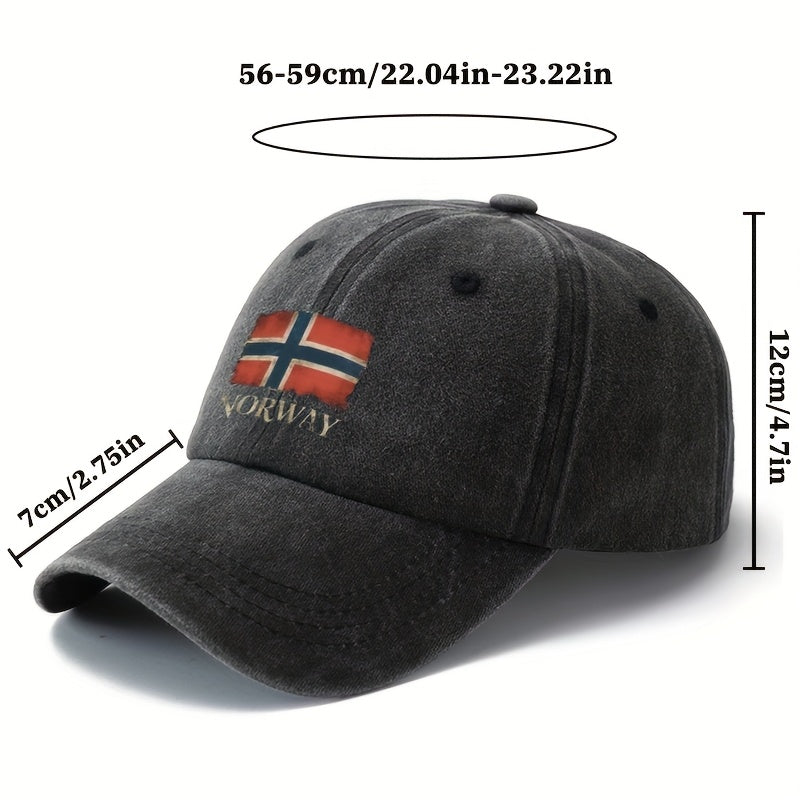 A Unisex, Fashionable and Versatile Baseball Cap with a Printed Norwegian Flag, a Classic Retro Washed Outdoor Lightweight Curved Brim Cap, Suitable for Outdoor Vacations, Travel, Camping, and Other Leisure Activities.