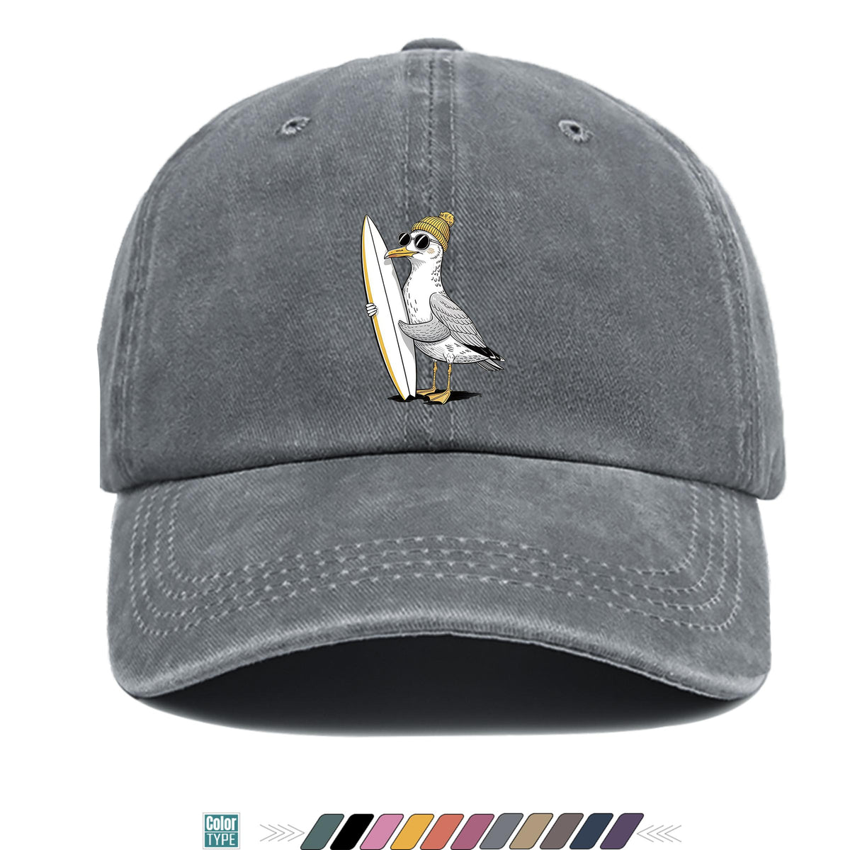 1pc Cute Cartoon Pigeon And Surfboard Pattern Design Printed Baseball Cap, Summer Casual Clothing Accessory, Black Papa Trucker Hat, Breathable Comfortable Solid Easy Vintage Soft Top Dad Hat, Unisex Adjustable Size Youth Couple Skateboard Hat