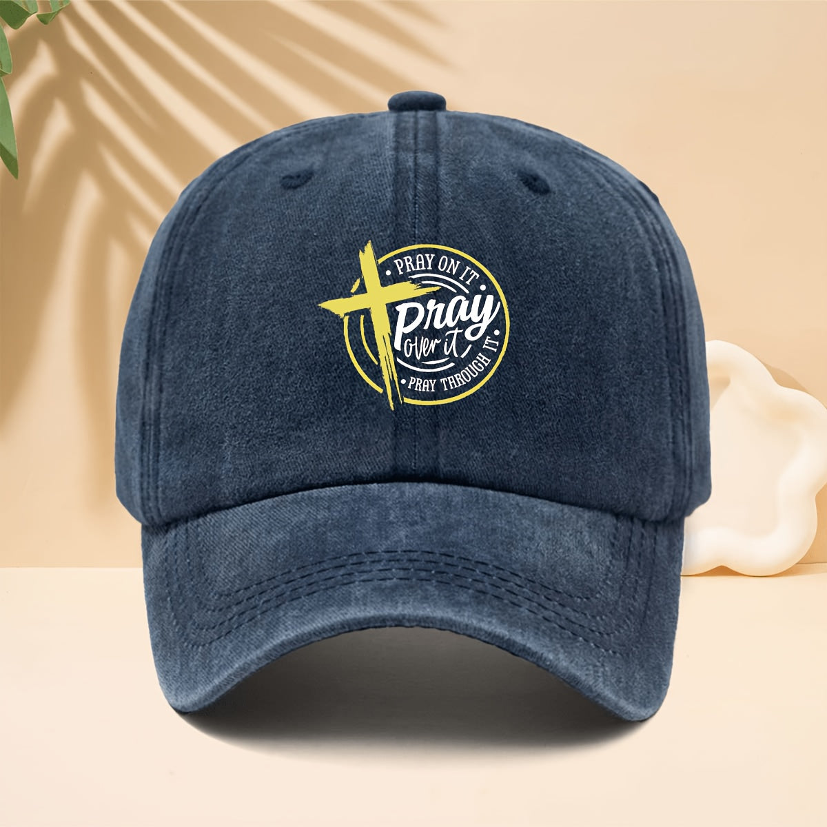 Yellow Cross Circle Pray Over It Pattern Printed Baseball Cap Reverent Retro Faith Design Style Curved Brim Hat for Walking, Gatherings, Dates, Shopping, Vacation, Travel