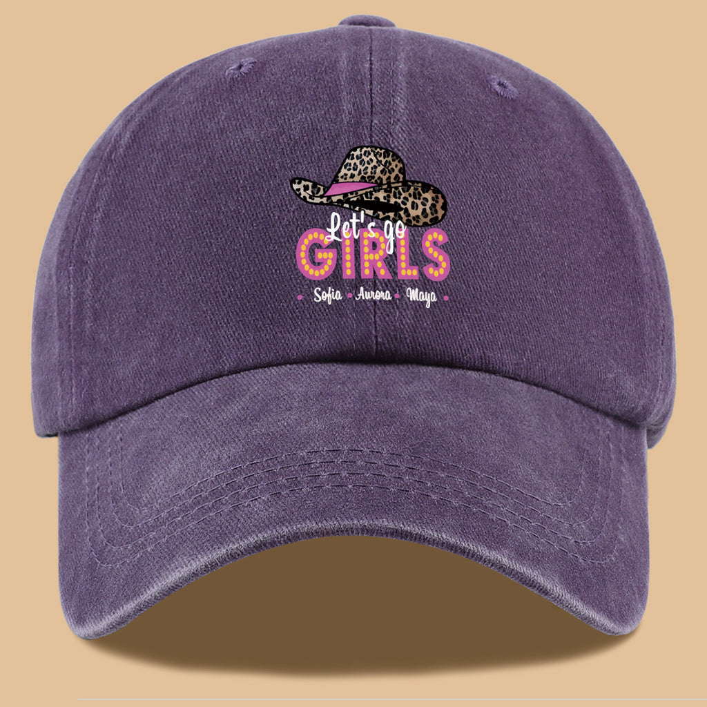 1pc Leopard Print Wide Brim Baseball Cap, Pink Brim with "Let'S Go GIRLS" Neon Style Letters, Adorned with Sofia, Aurora, Maya Names. Fashionable And Individual Sun Hat, Adjustable Size. Bestie Outing Hat, Sister Gathering Hat