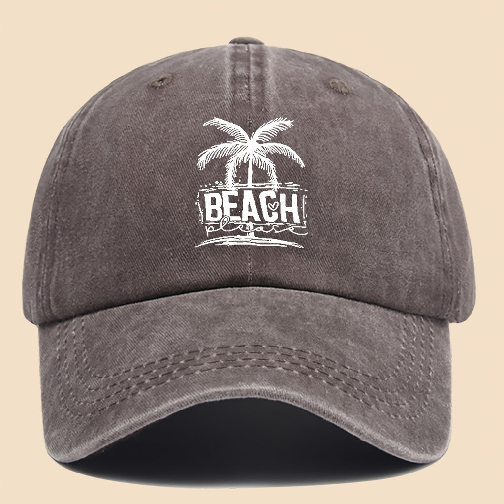 1pc Cool & Breezy Unisex Washed Baseball Cap | Tropical Palm Tree and Beach Print, Adjustable for Couples, Perfect for Surfing, Cycling, Hiking, and Parties - Polyester, Hand Wash Only