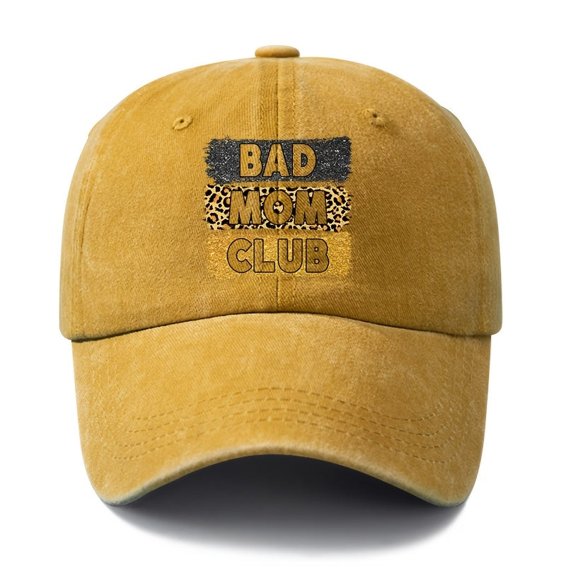A Unisex Fashionable and Versatile "BAD MOM CLUB" Printed Baseball Cap, Featuring a Classic Vintage Washed Lightweight Curved Brim. This Trucker Baseball Cap Is Suitable for Casual Occasions Such as Outdoor Vacations, Travel, and Camping. It Also