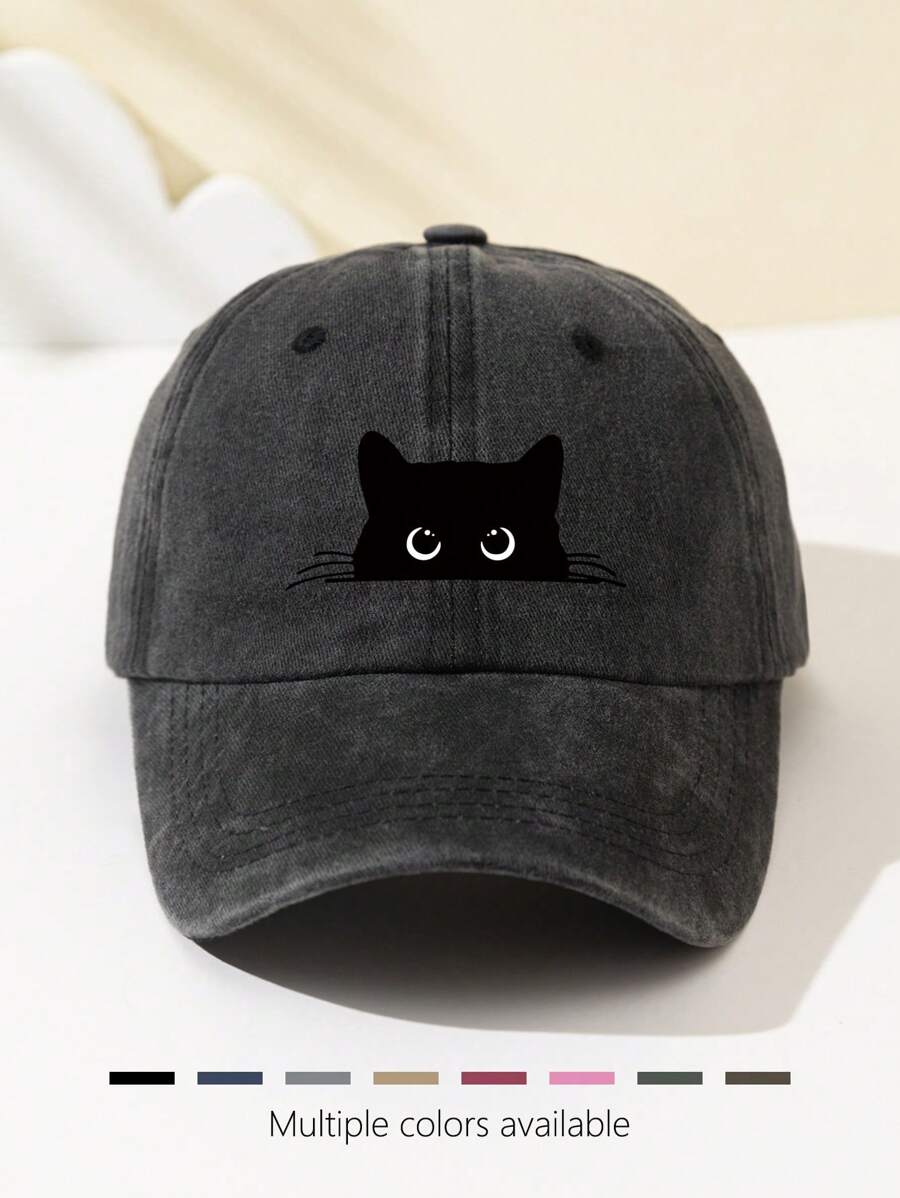 1 Stück Damen Baseballkappe mit weißer Katzenaugen-Grafik, süßes Tier-Muster, verstellbarer Schirm, atmungsaktiv, geeignet für Outdoor-Sport, Camping, Reisen, Geschenk, Sommer, Strand, Hut