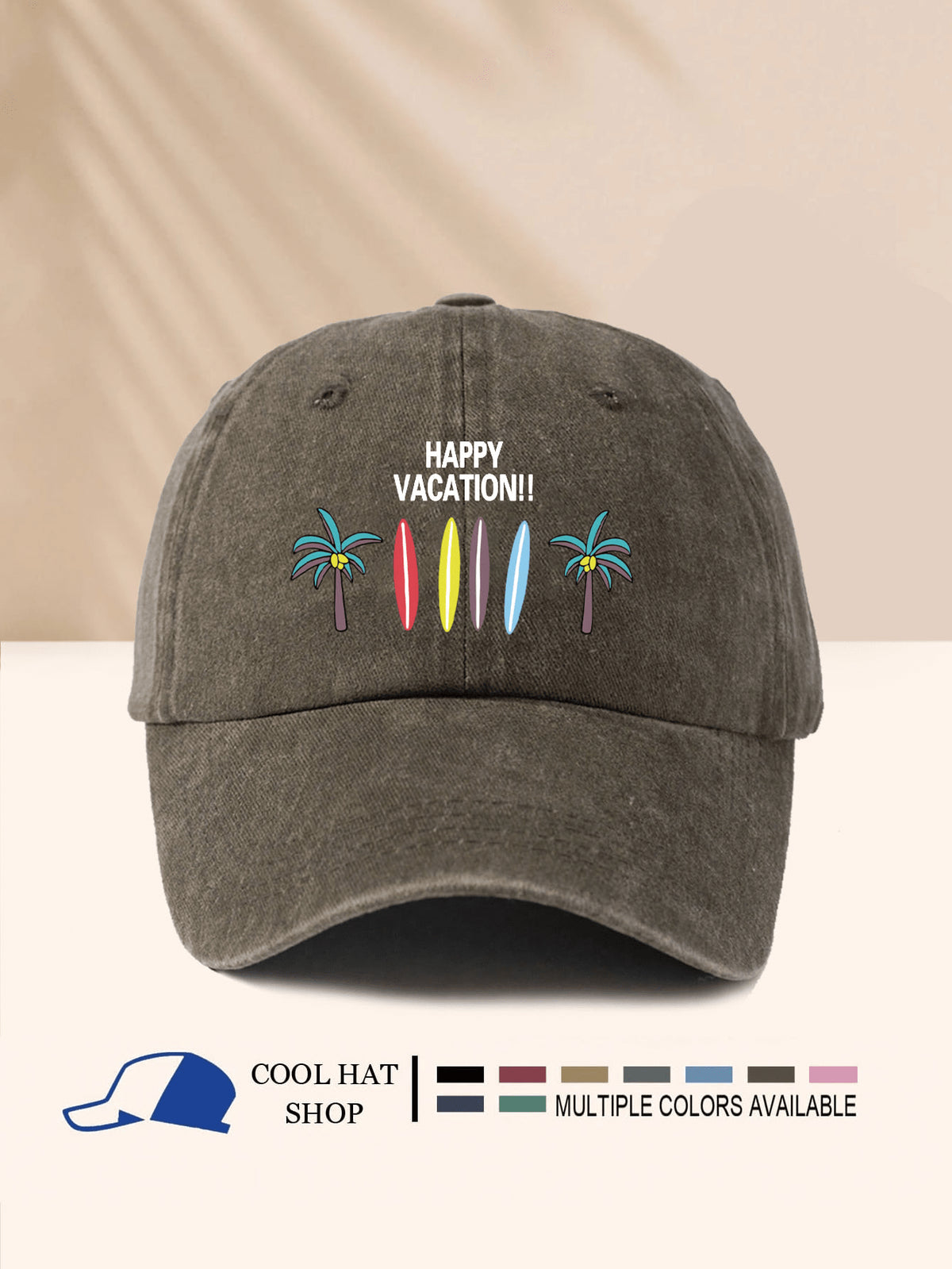 SCHÖNEN URLAUB!! Surfbrett & Kokospalme bedruckter gewaschener Schirmmütze, Unisex, Ganzjährig, Sonnenschutz, leicht, tragbar, modisch-lässig vielseitig