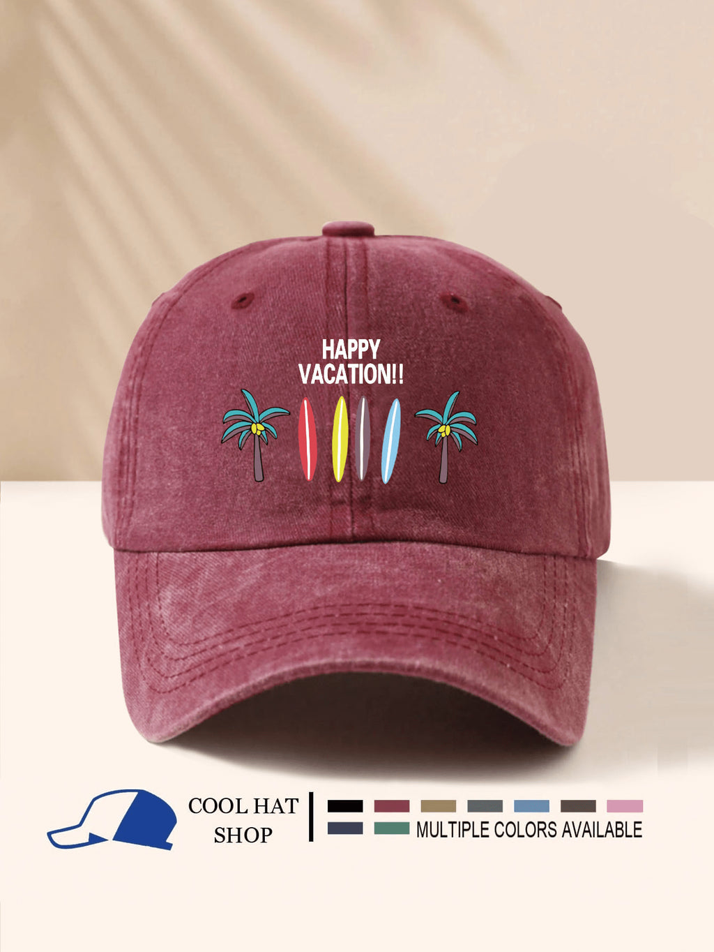 SCHÖNEN URLAUB!! Surfbrett & Kokospalme bedruckter gewaschener Schirmmütze, Unisex, Ganzjährig, Sonnenschutz, leicht, tragbar, modisch-lässig vielseitig