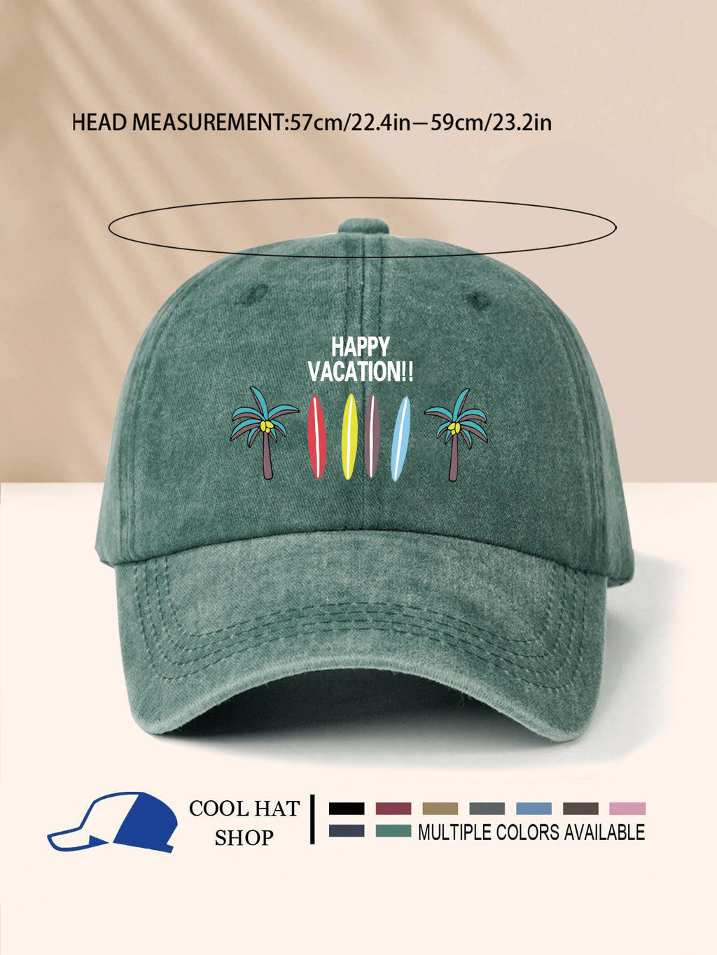 SCHÖNEN URLAUB!! Surfbrett & Kokospalme bedruckter gewaschener Schirmmütze, Unisex, Ganzjährig, Sonnenschutz, leicht, tragbar, modisch-lässig vielseitig