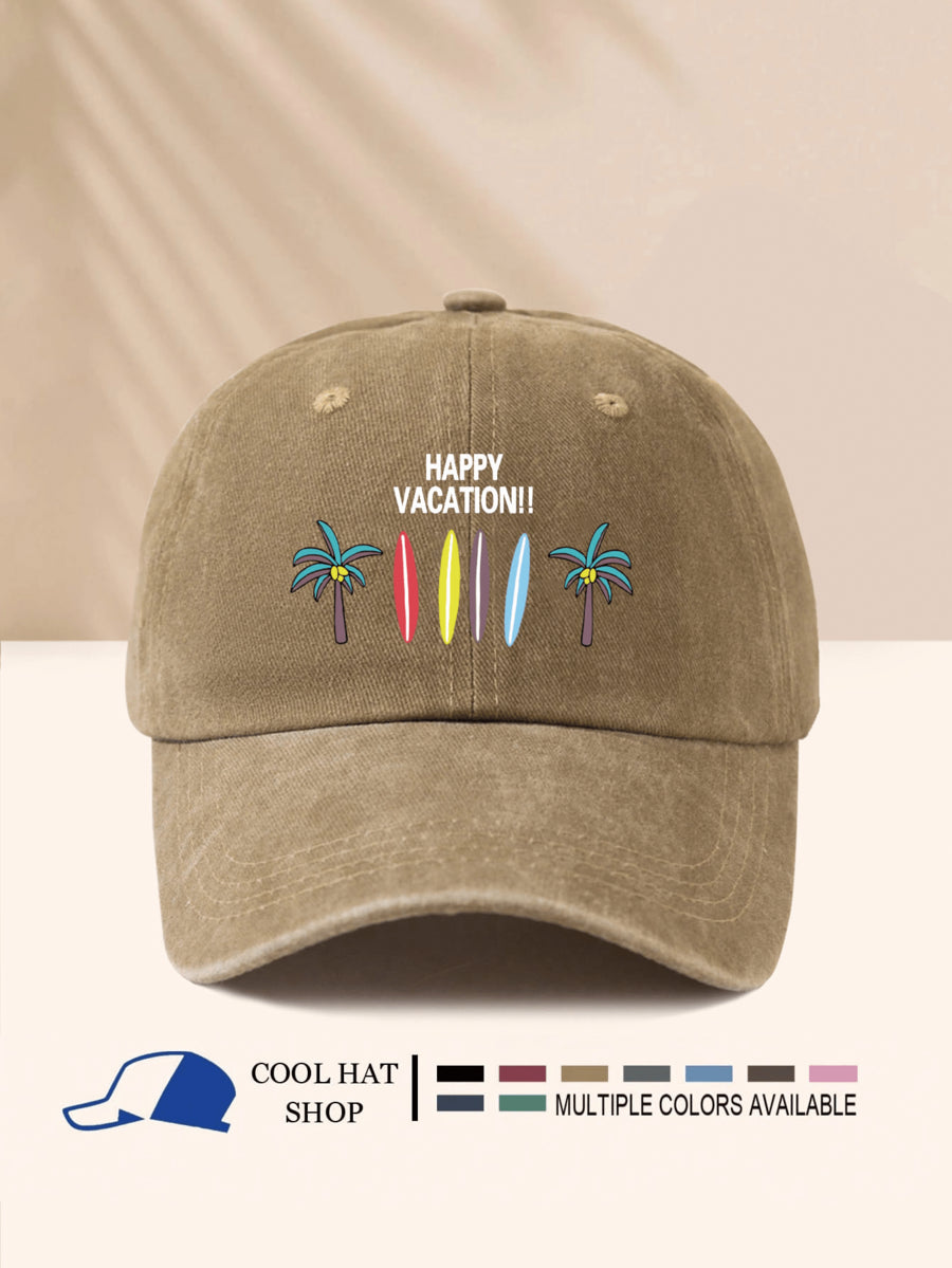 SCHÖNEN URLAUB!! Surfbrett & Kokospalme bedruckter gewaschener Schirmmütze, Unisex, Ganzjährig, Sonnenschutz, leicht, tragbar, modisch-lässig vielseitig