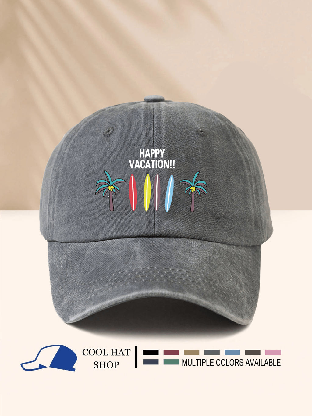 SCHÖNEN URLAUB!! Surfbrett & Kokospalme bedruckter gewaschener Schirmmütze, Unisex, Ganzjährig, Sonnenschutz, leicht, tragbar, modisch-lässig vielseitig