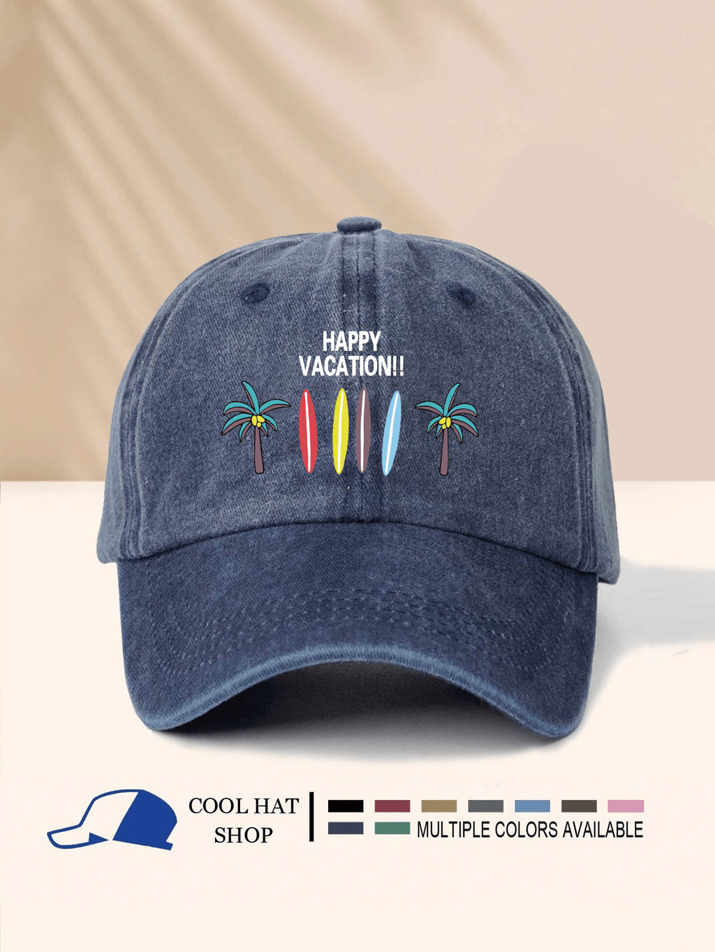 SCHÖNEN URLAUB!! Surfbrett & Kokospalme bedruckter gewaschener Schirmmütze, Unisex, Ganzjährig, Sonnenschutz, leicht, tragbar, modisch-lässig vielseitig