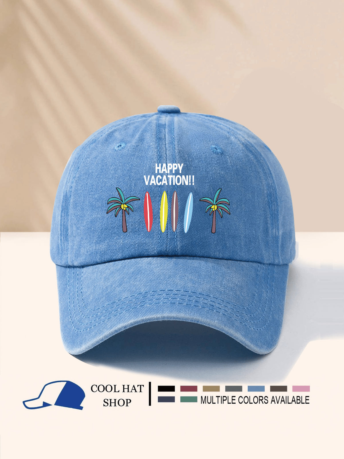 SCHÖNEN URLAUB!! Surfbrett & Kokospalme bedruckter gewaschener Schirmmütze, Unisex, Ganzjährig, Sonnenschutz, leicht, tragbar, modisch-lässig vielseitig