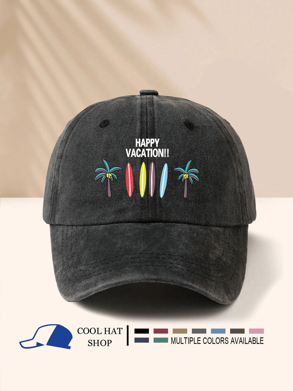 SCHÖNEN URLAUB!! Surfbrett & Kokospalme bedruckter gewaschener Schirmmütze, Unisex, Ganzjährig, Sonnenschutz, leicht, tragbar, modisch-lässig vielseitig