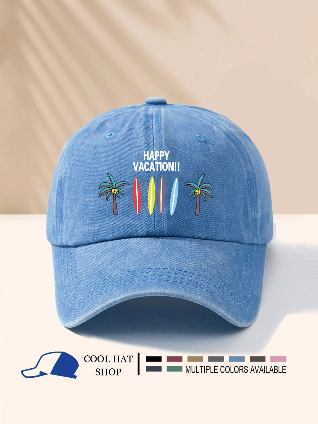 SCHÖNEN URLAUB!! Surfbrett & Kokospalme bedruckter gewaschener Schirmmütze, Unisex, Ganzjährig, Sonnenschutz, leicht, tragbar, modisch-lässig vielseitig