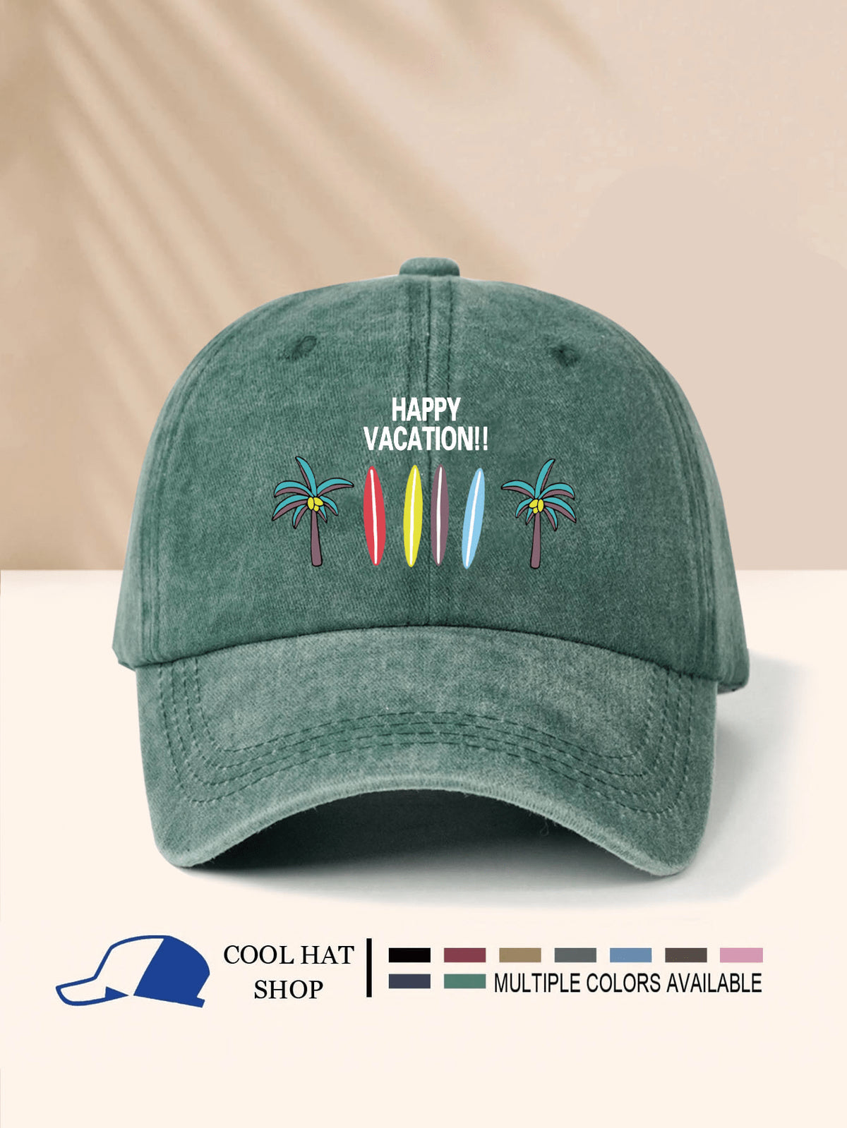 SCHÖNEN URLAUB!! Surfbrett & Kokospalme bedruckter gewaschener Schirmmütze, Unisex, Ganzjährig, Sonnenschutz, leicht, tragbar, modisch-lässig vielseitig