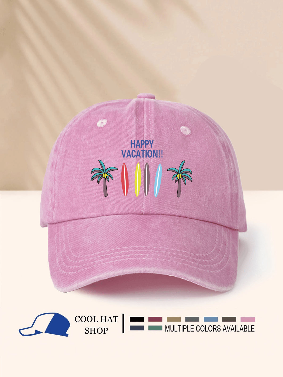 SCHÖNEN URLAUB!! Surfbrett & Kokospalme bedruckter gewaschener Schirmmütze, Unisex, Ganzjährig, Sonnenschutz, leicht, tragbar, modisch-lässig vielseitig