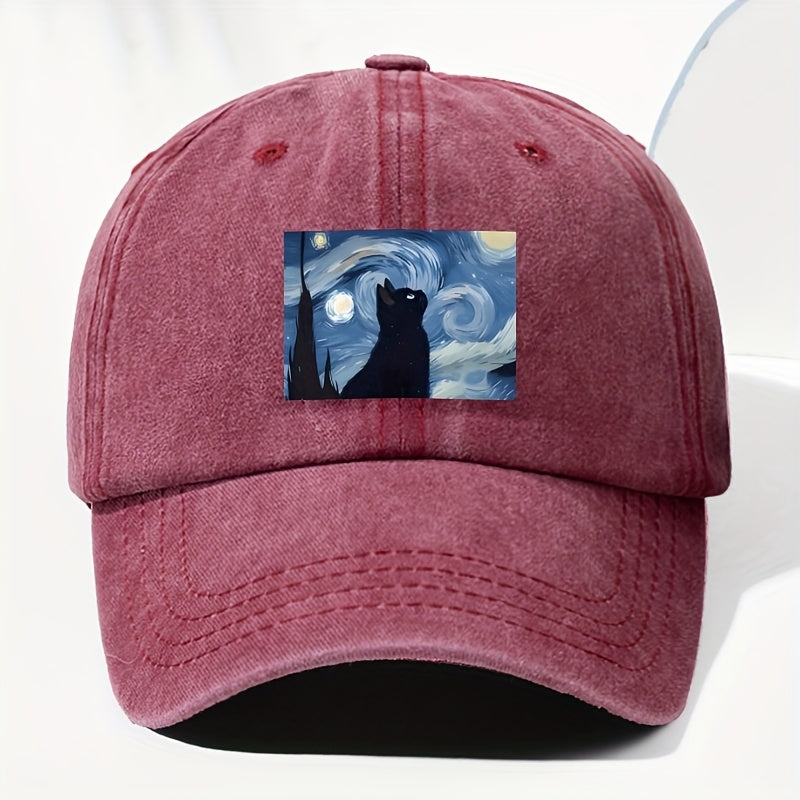 Unisex Cat Animal Print Washed Vintage Baseball Cap, Fashionable Sun Outdoor Hat for Men and Women, Adjustable Fit Trucker Hat Suitable for All Seasons and Daily Wear