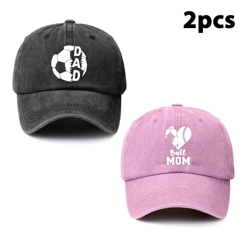 Parents' 2pcs Printed Football Heart-shaped Letter Vintage Soft-top Baseball Cap, Adjustable Style, Suitable for Daily Wear in All Seasons, an Essential Fashion Hat for Outdoor Sports, Fishing, and Camping