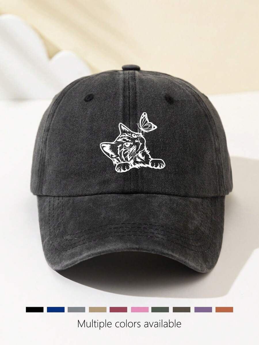 1 Stück Damen-Baseballkappe mit Halbmond- und Katzen-Print, weiches Oberteil, süßes Tiermuster, verstellbare Kappenkrempe für Outdoor, Sport, Camping, Urlaub, Weihnachtsgeschenk