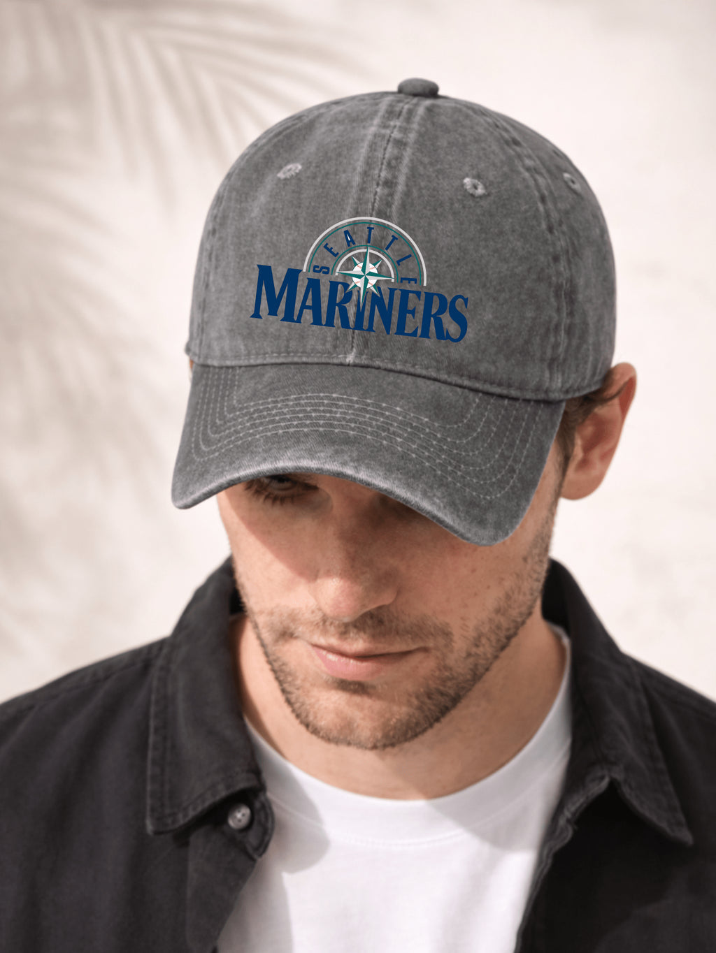 Washed Denim Baseball Cap For Men And Women Fashionable Sporty Adjustable Hat With Team Logo Design Seattle Mariners Embroidered Logo On Front Classic Baseball Style With Distressed Washed Finish Perfect For Casual Outings Outdoor Activities And Sports Ev