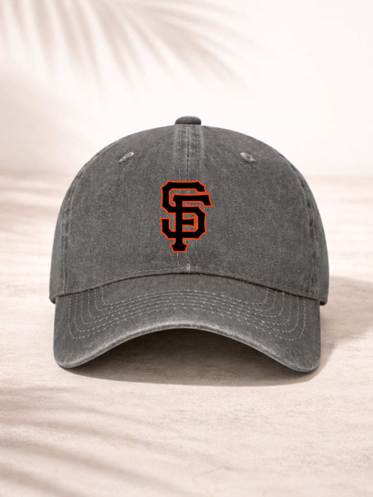 Washed Denim Baseball Cap Unisex Adjustable Hat For Men And Women Fashionable Casual Sporty Look Front Embroidered With Bold Black And Orange Sf Monogram Logo Design Perfect For Outdoor Activities Daily Wear Travel And Leisure Comfortable Fit With Breatha