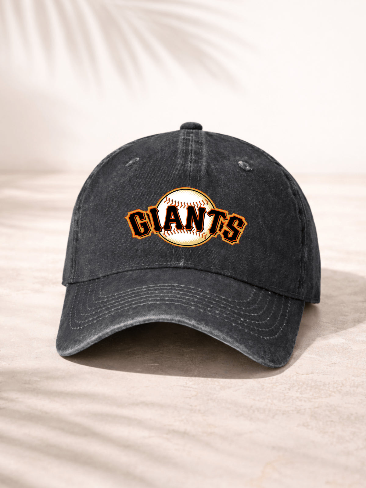 Washed Denim Baseball Cap For Men And Women Casual Sporty Style Adjustable Hat With Team Logo Design Giants Baseball Inspired Embroidered Logo On Front Panel Classic Orange And Black Lettering Over White Ball Pattern Perfect For Everyday Wear Outdoor Acti
