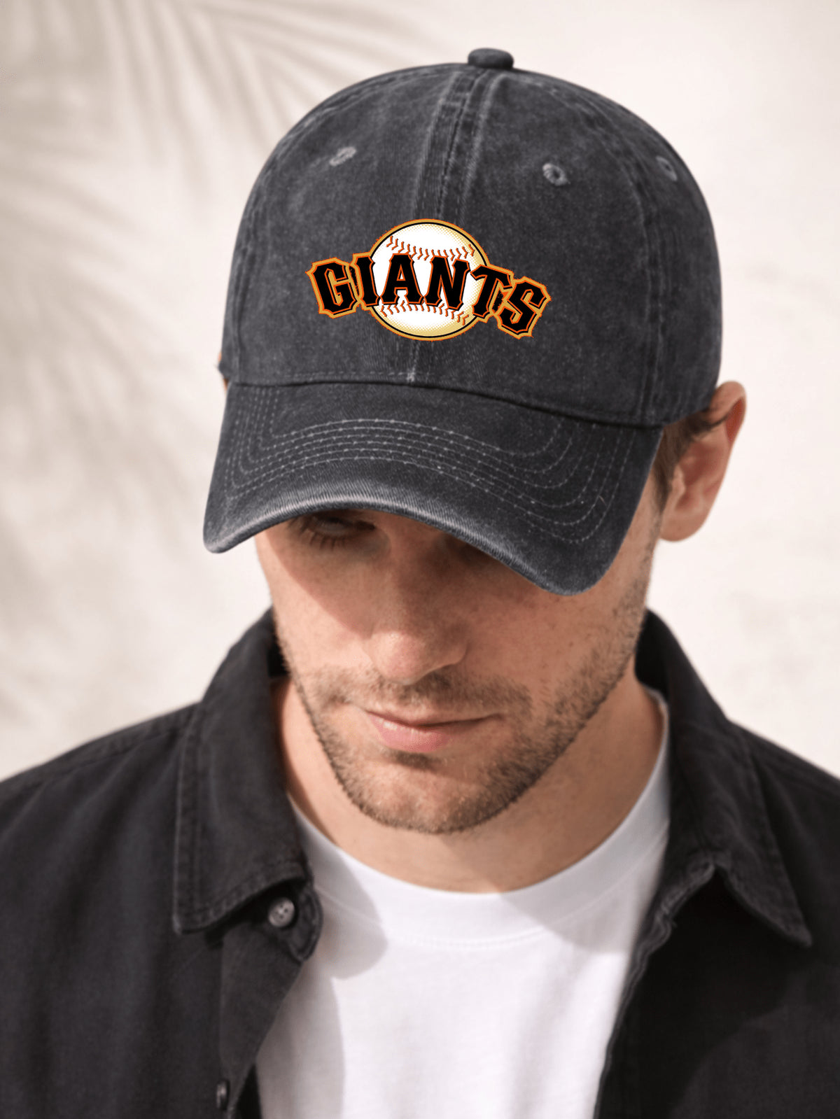 Washed Denim Baseball Cap For Men And Women Casual Sporty Style Adjustable Hat With Team Logo Design Giants Baseball Inspired Embroidered Logo On Front Panel Classic Orange And Black Lettering Over White Ball Pattern Perfect For Everyday Wear Outdoor Acti