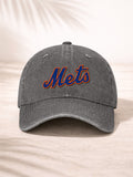 Washed Denim Baseball Cap For Men And Women Fashionable Sporty Casual Hat With Team Logo Design Mets Embroidered Script Logo In Blue And Orange Colorful Classic Baseball Team Style Perfect For Outdoor Activities Sports Events Daily Wear Adjustable Fit Com