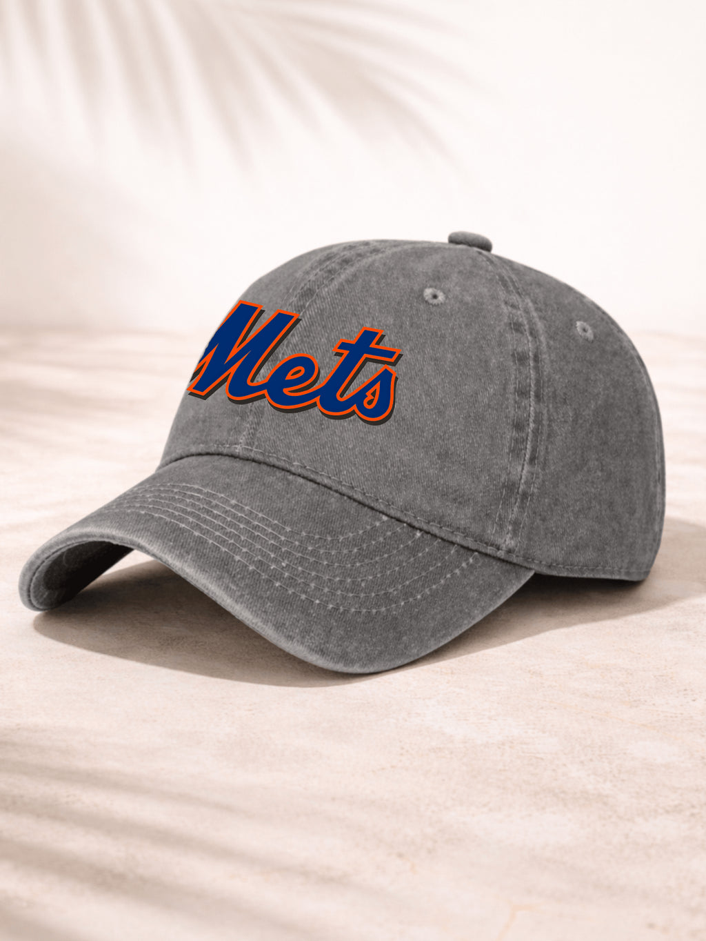 Washed Denim Baseball Cap For Men And Women Fashionable Sporty Casual Hat With Team Logo Design Mets Embroidered Script Logo In Blue And Orange Colorful Classic Baseball Team Style Perfect For Outdoor Activities Sports Events Daily Wear Adjustable Fit Com